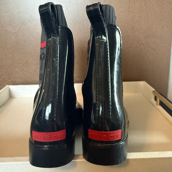 Coach Black Patent Signature Chelsea Rain Boots with Red Accent - Picture 2 of 4